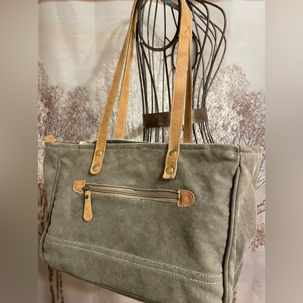Myra Bag Beach Palm Upcycled Canvas Cowhide Leather Natural Colors Tote - Picture 4 of 8